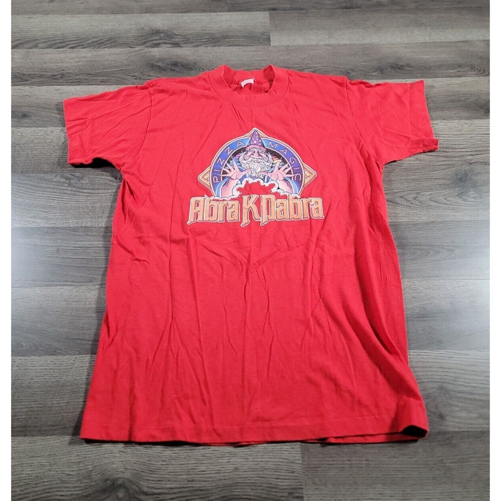 Rare Vintage 70s Shirt Medium Red St. Louis Pizza Magic Wizard USA Made Grpahic
